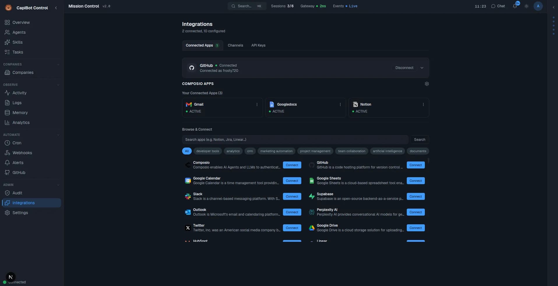 KalyBot Integrations — Connected apps, Composio, and OAuth management